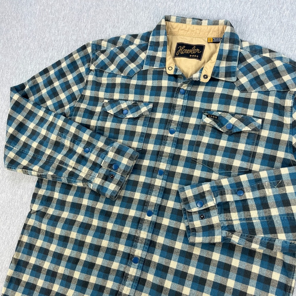 Howler Brothers Stockman Stretch Snapshirt Mens L Pilgrim Plaid Blue Western
